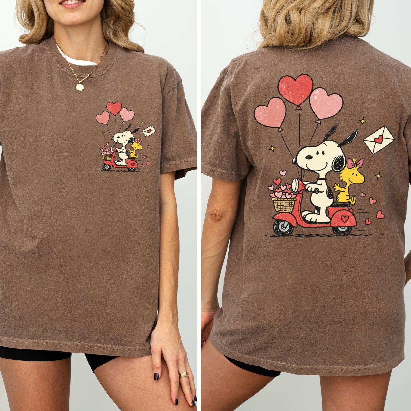 Valentine Snoopy Scooter T-Shirt, Front And Back Print Cute Love Tee