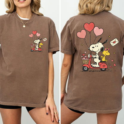 Valentine Snoopy Scooter T-Shirt, Front And Back Print Cute Love Tee