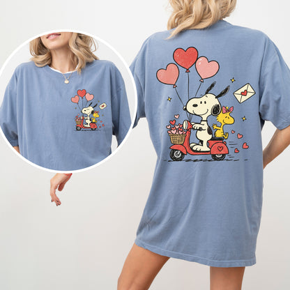 Valentine Snoopy Scooter T-Shirt, Front And Back Print Cute Love Tee