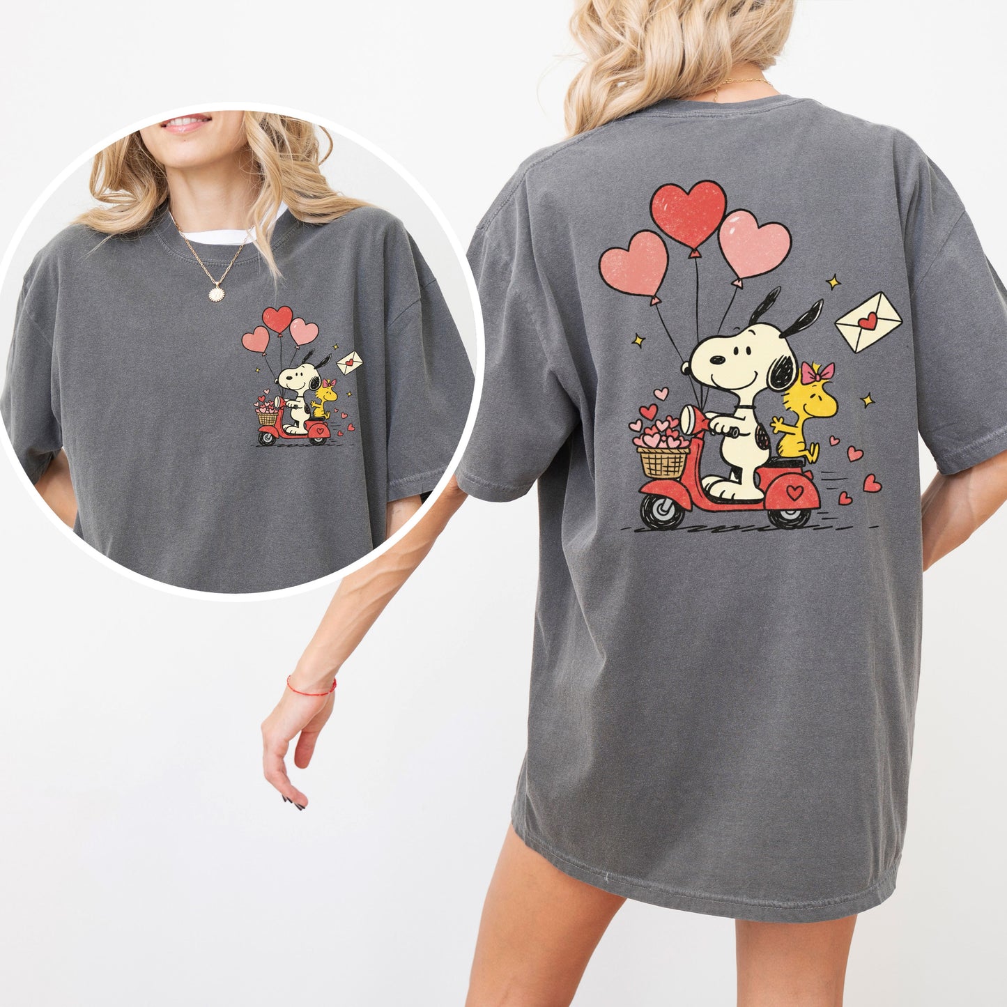 Valentine Snoopy Scooter T-Shirt, Front And Back Print Cute Love Tee
