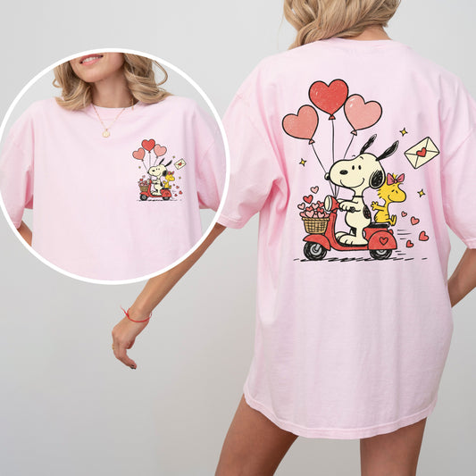 Valentine Snoopy Scooter T-Shirt, Front And Back Print Cute Love Tee