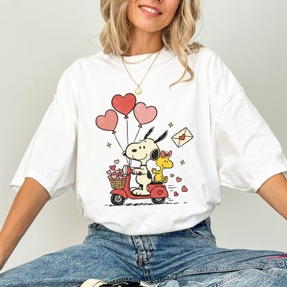 Valentine Snoopy Scooter T-Shirt, Front And Back Print Cute Love Tee