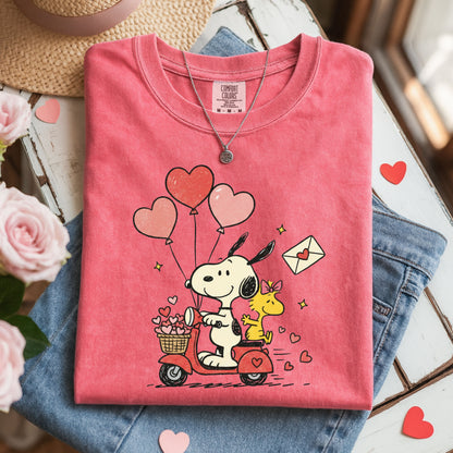 Valentine Snoopy Scooter T-Shirt, Front And Back Print Cute Love Tee