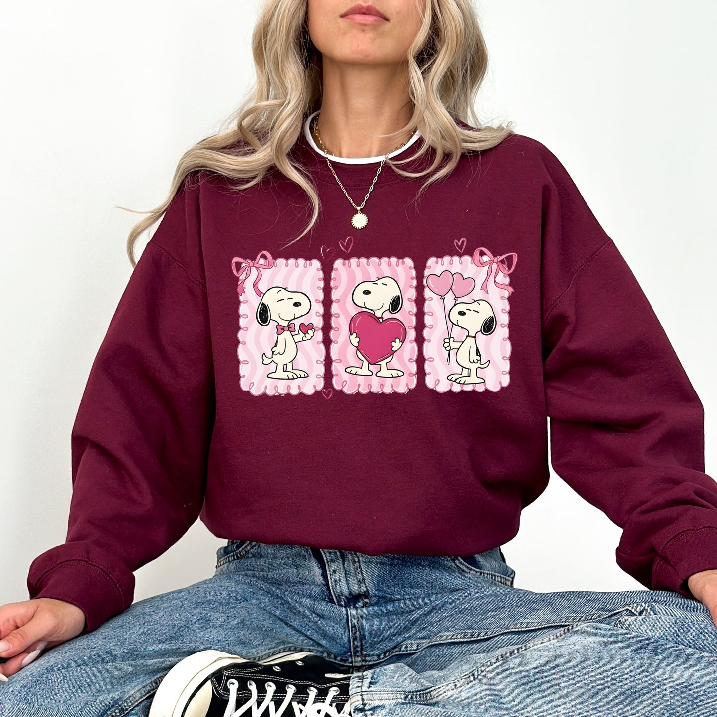 Peanuts Snoopy Valentine's Day Sweatshirt, Trio Heart Graphic Crewneck