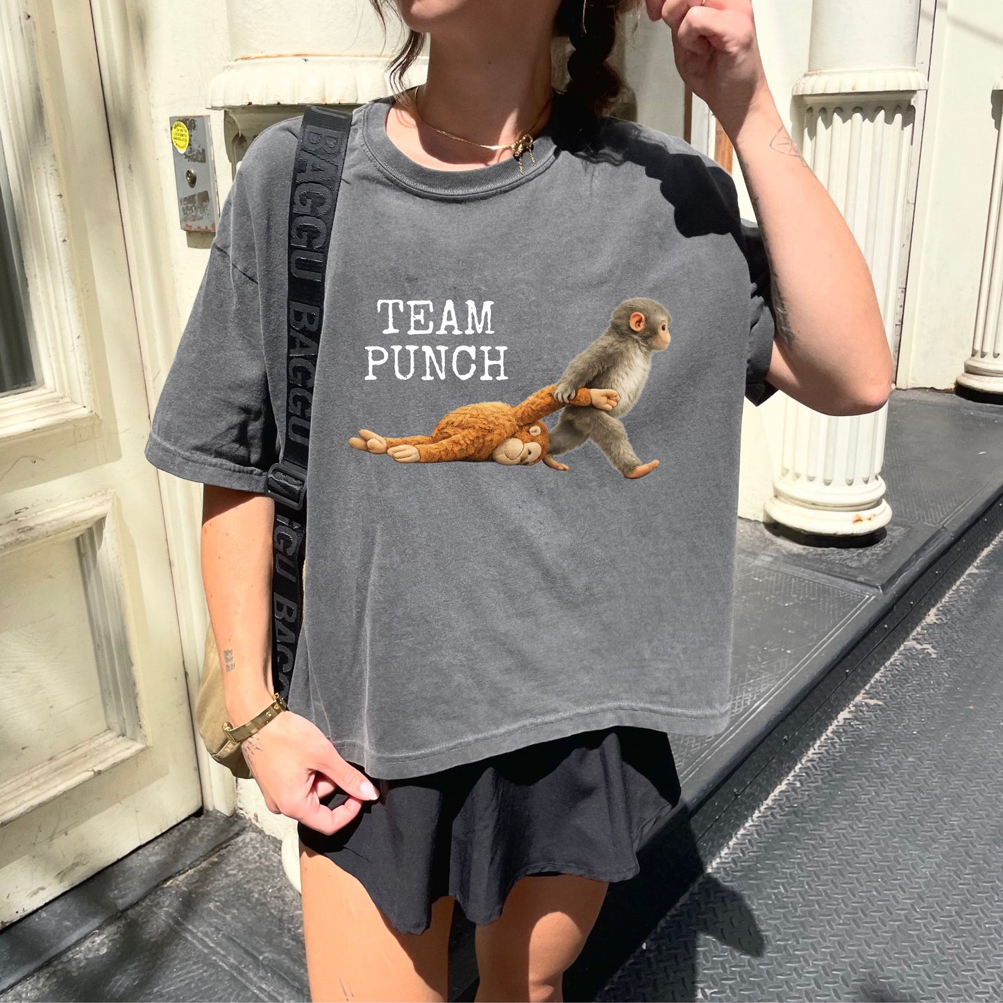 Team Punch Monkey Crop Top, Emotional Animal Graphic Tee for Women