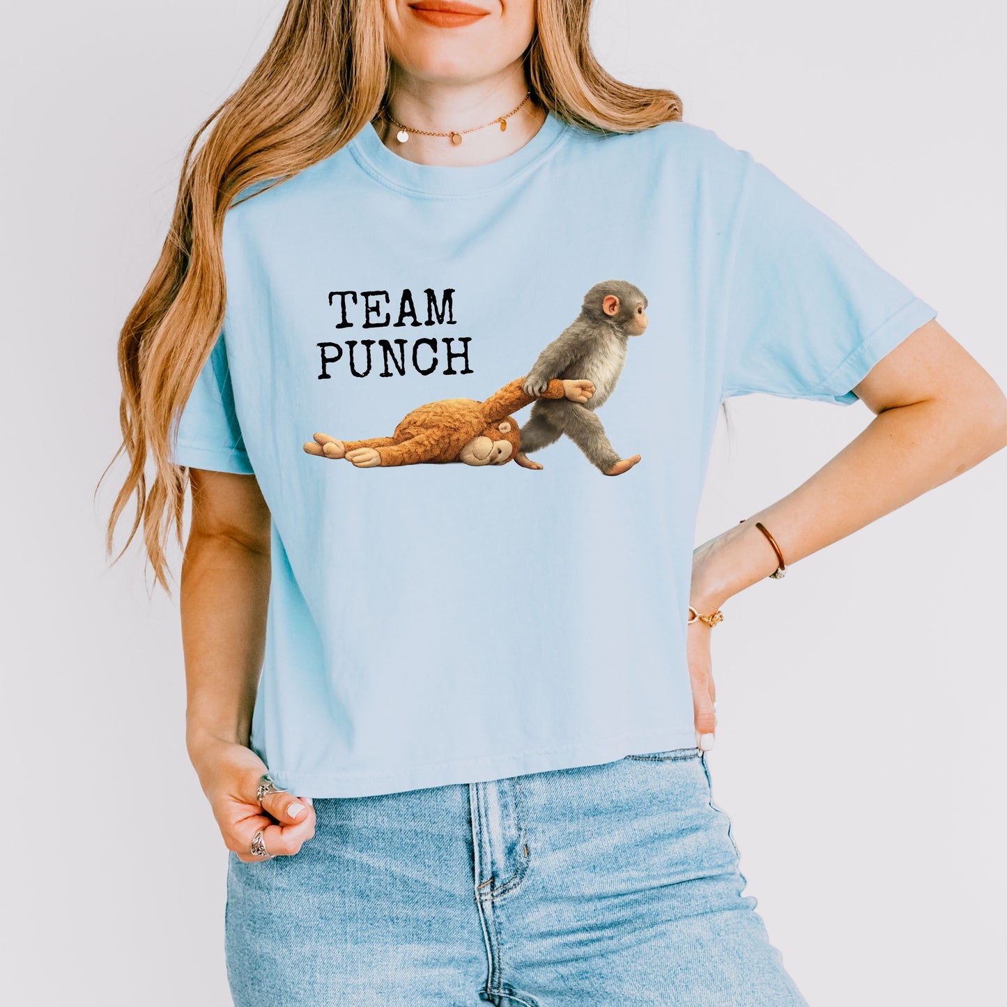 Team Punch Monkey Crop Top, Emotional Animal Graphic Tee for Women