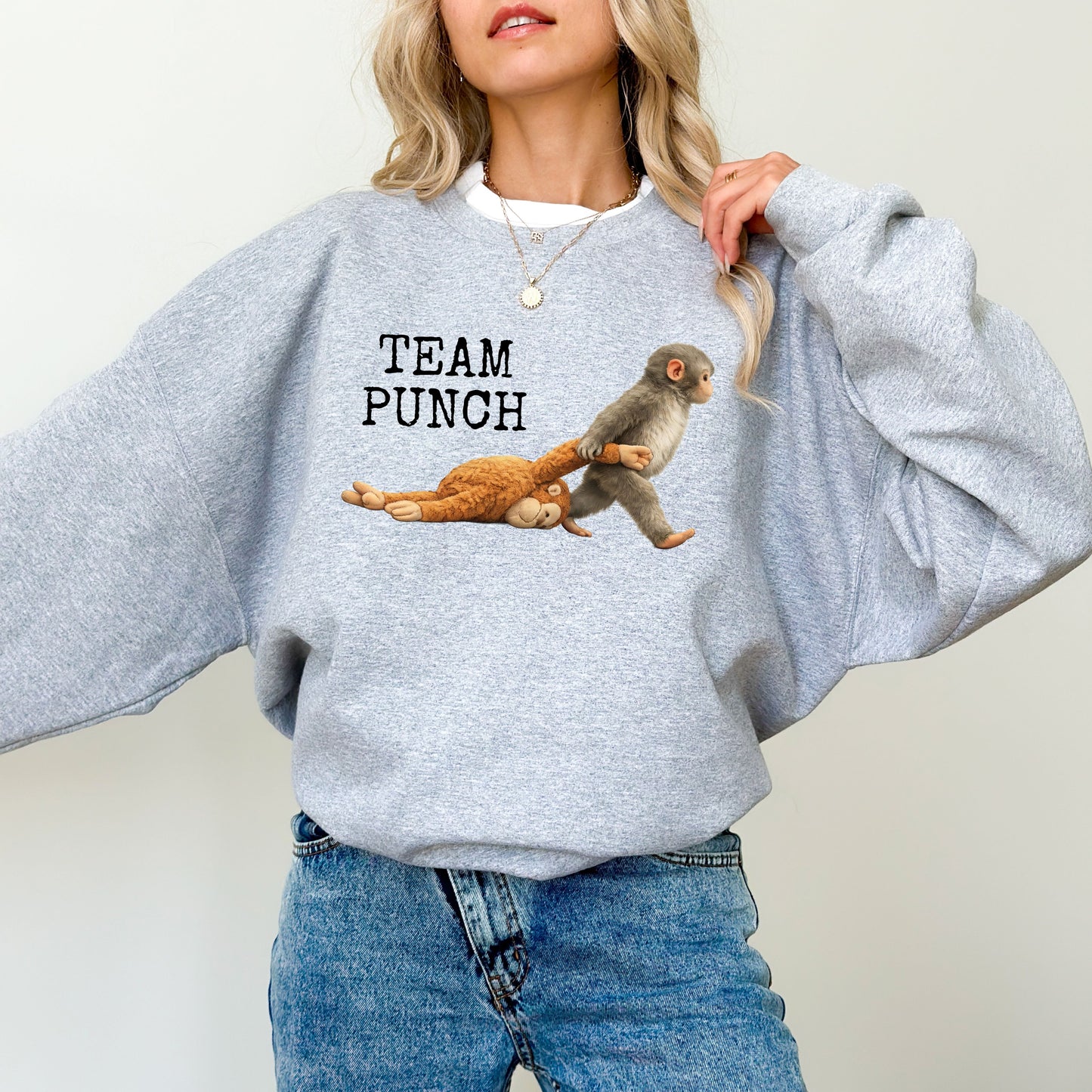 Team Punch Monkey Sweatshirt, Emotional Animal Graphic Crewneck