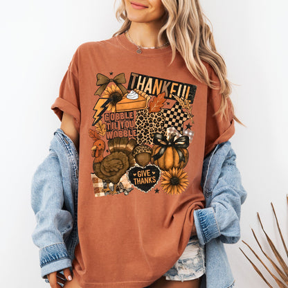 Comfort Colors® Thanksgiving Collage T-Shirt, Coquette Thankful Graphic Tee