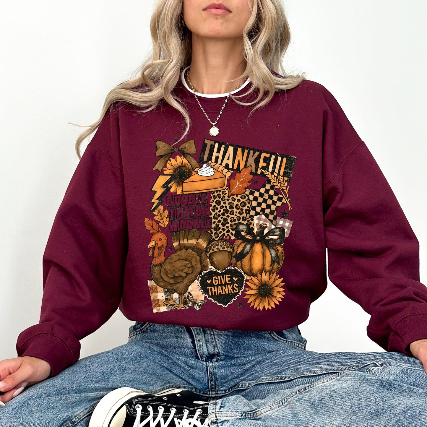 Thanksgiving Collage Sweatshirt, Coquette Thankful Crewneck