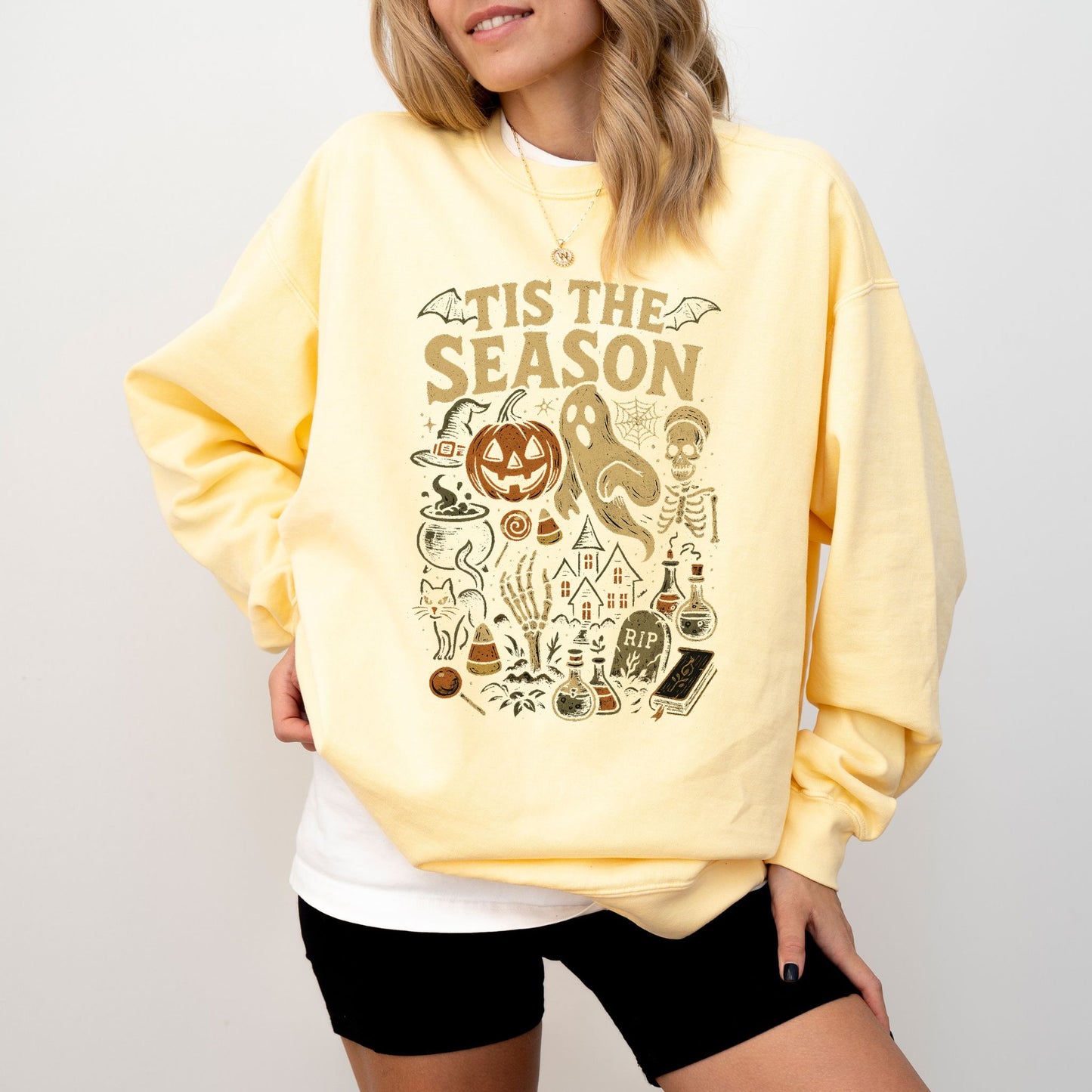 Tis The Season Halloween Sweatshirt – Cozy Fall Ghost Pumpkin Skeleton Crewneck