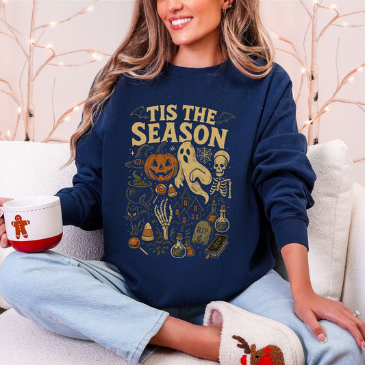 Tis The Season Halloween Sweatshirt – Cozy Fall Ghost Pumpkin Skeleton Crewneck