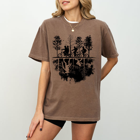 Upside Down Silhouette T-Shirt, Stranger TV Show Inspired Graphic Tee, Hawkins Bike Scene Shirt