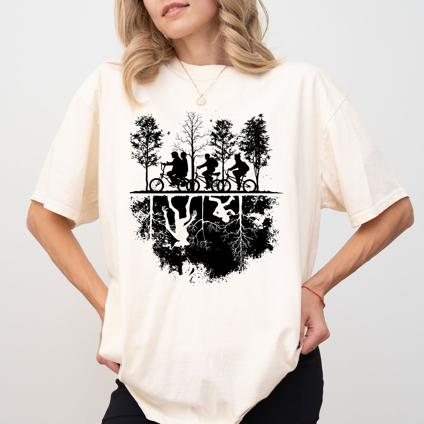 Upside Down Silhouette T-Shirt, Stranger TV Show Inspired Graphic Tee, Hawkins Bike Scene Shirt