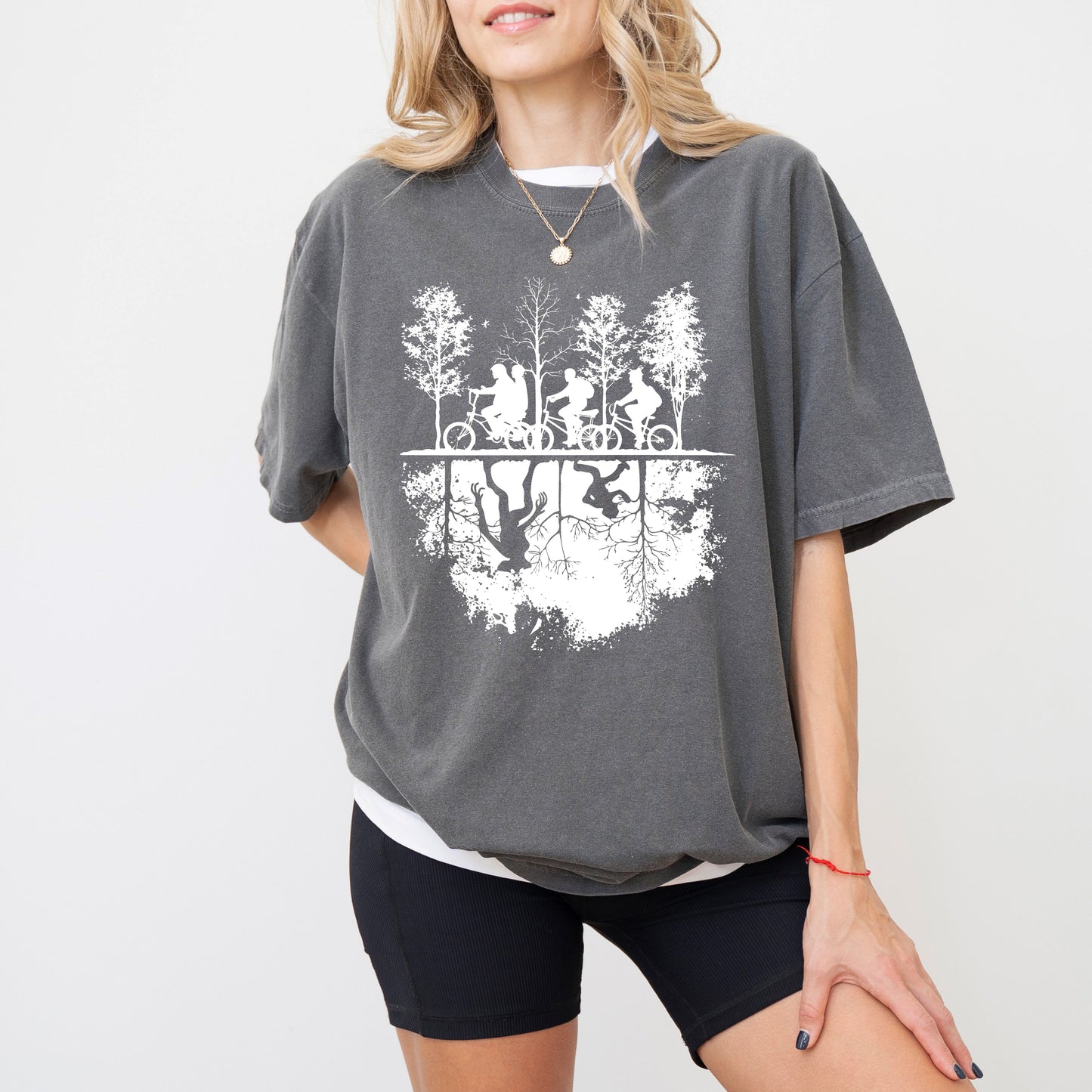 Upside Down Silhouette T-Shirt, Stranger TV Show Inspired Graphic Tee, Hawkins Bike Scene Shirt