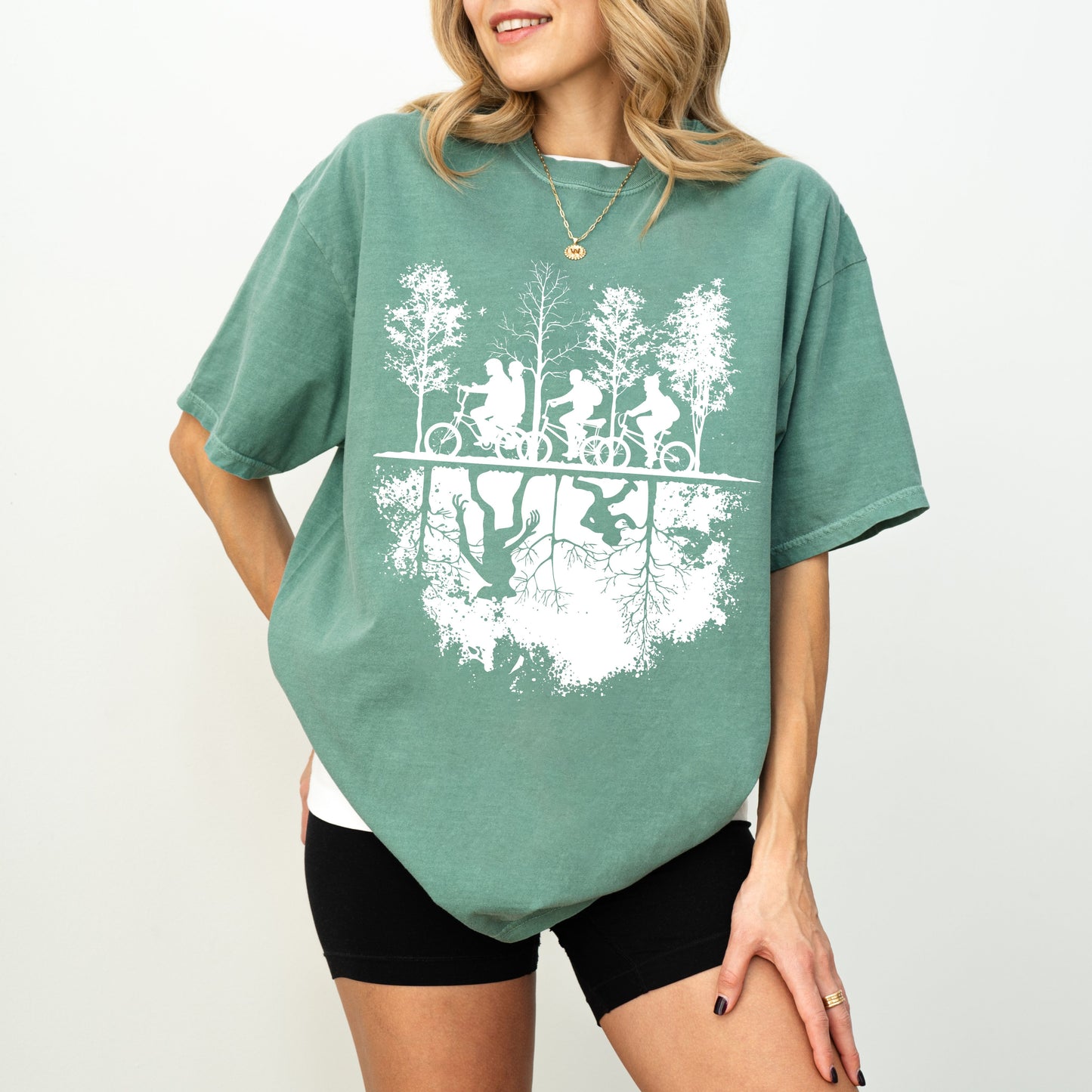 Upside Down Silhouette T-Shirt, Stranger TV Show Inspired Graphic Tee, Hawkins Bike Scene Shirt