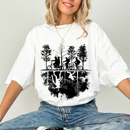 Upside Down Silhouette T-Shirt, Stranger TV Show Inspired Graphic Tee, Hawkins Bike Scene Shirt