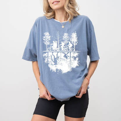 Upside Down Silhouette T-Shirt, Stranger TV Show Inspired Graphic Tee, Hawkins Bike Scene Shirt