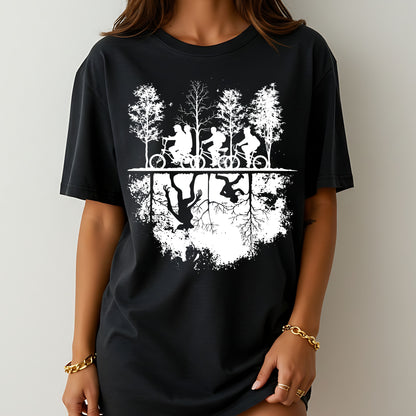 Upside Down Silhouette T-Shirt, Stranger TV Show Inspired Graphic Tee, Hawkins Bike Scene Shirt