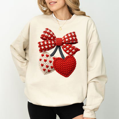 Faux Crochet Bow Sweatshirt, Valentine Cozy Graphic Crewneck, Love Inspired Sweatshirt