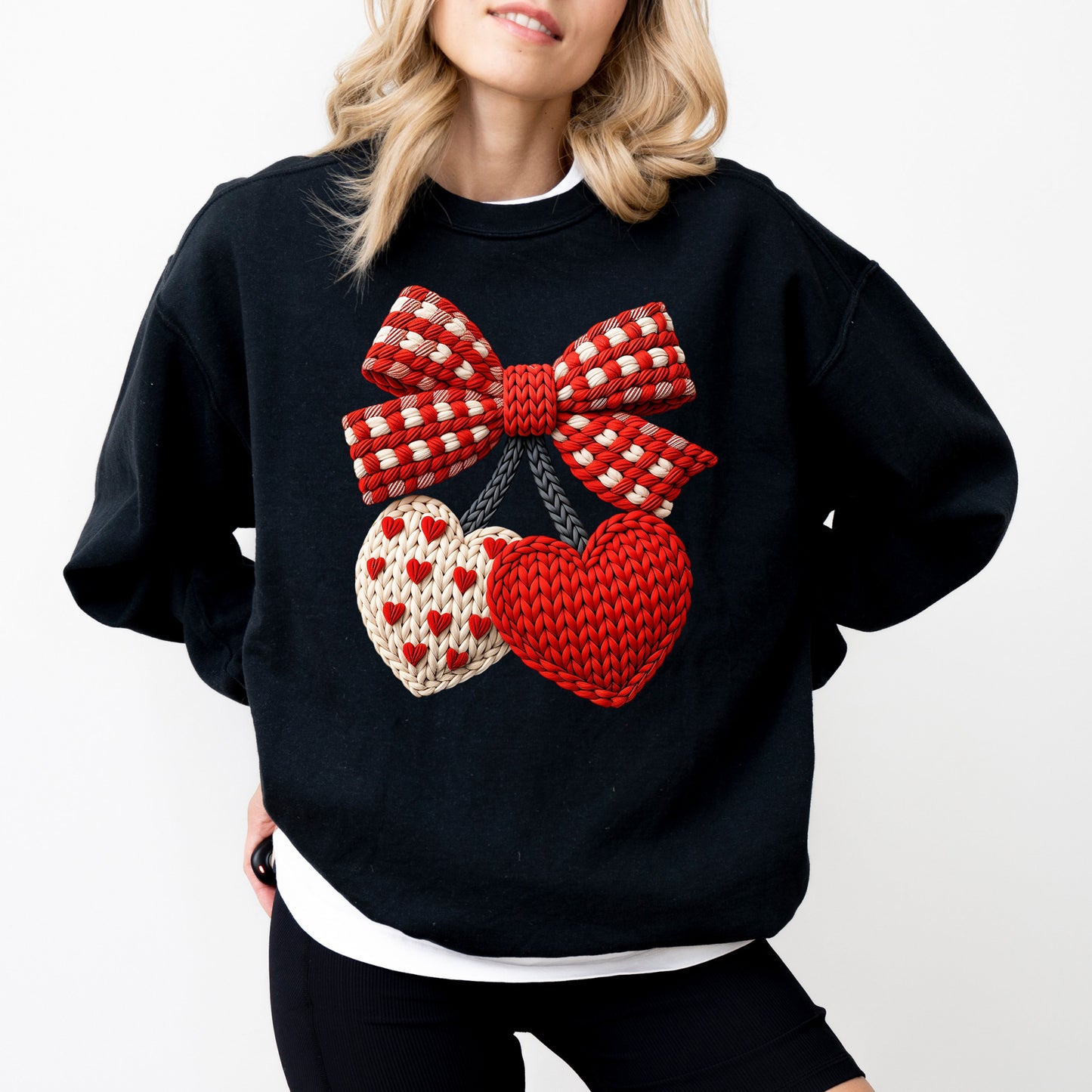 Faux Crochet Bow Sweatshirt, Valentine Cozy Graphic Crewneck, Love Inspired Sweatshirt