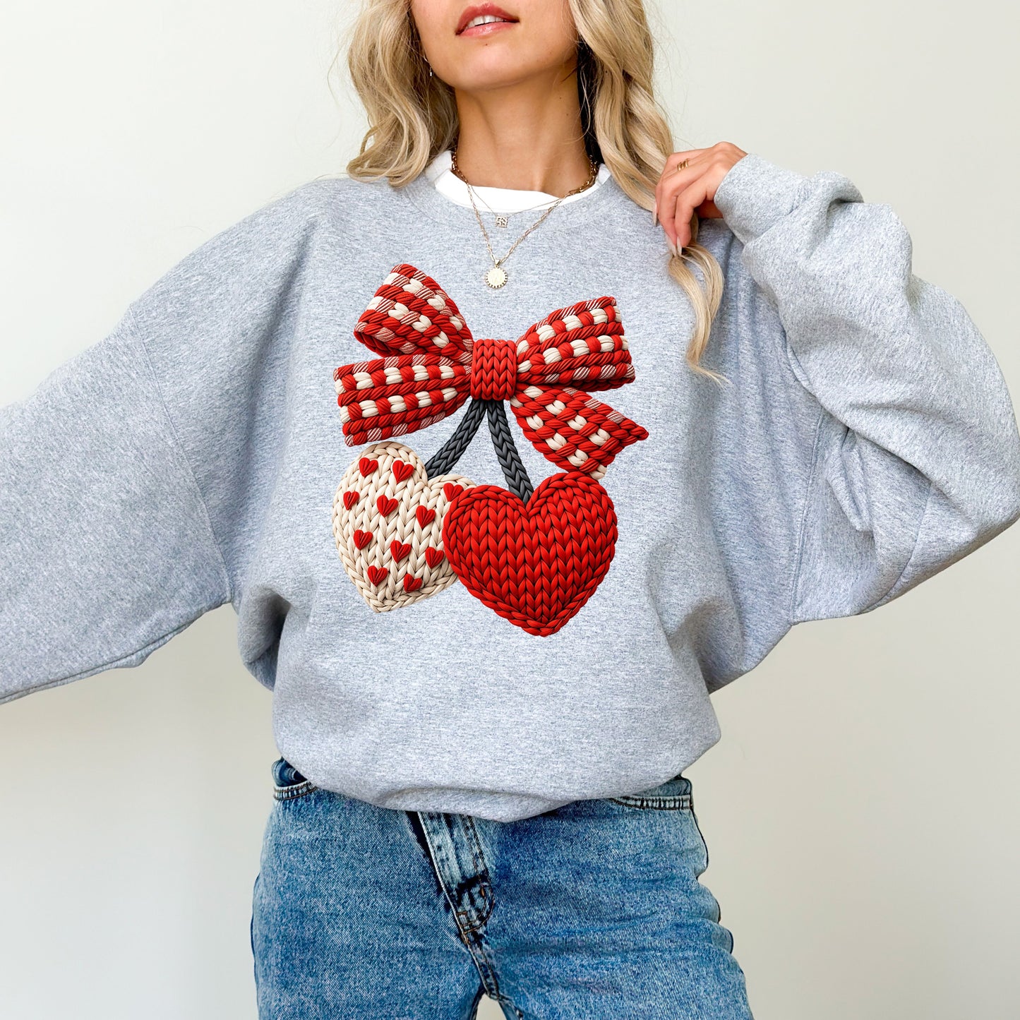 Faux Crochet Bow Sweatshirt, Valentine Cozy Graphic Crewneck, Love Inspired Sweatshirt