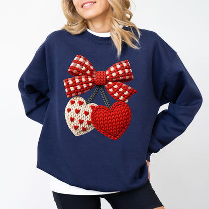 Faux Crochet Bow Sweatshirt, Valentine Cozy Graphic Crewneck, Love Inspired Sweatshirt