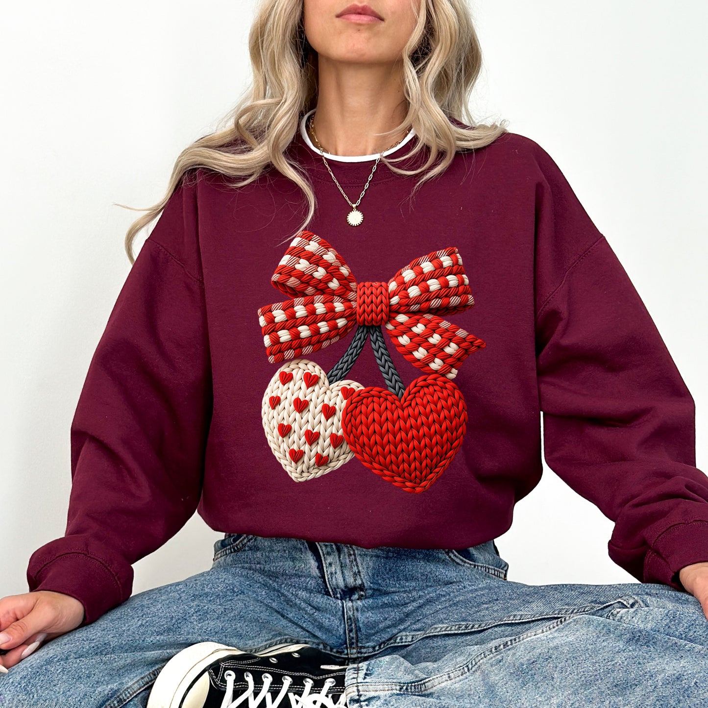 Faux Crochet Bow Sweatshirt, Valentine Cozy Graphic Crewneck, Love Inspired Sweatshirt