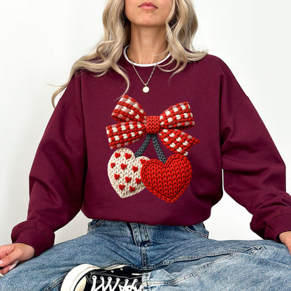 Faux Crochet Bow Sweatshirt, Valentine Cozy Graphic Crewneck, Love Inspired Sweatshirt