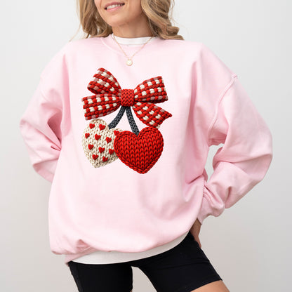 Faux Crochet Bow Sweatshirt, Valentine Cozy Graphic Crewneck, Love Inspired Sweatshirt