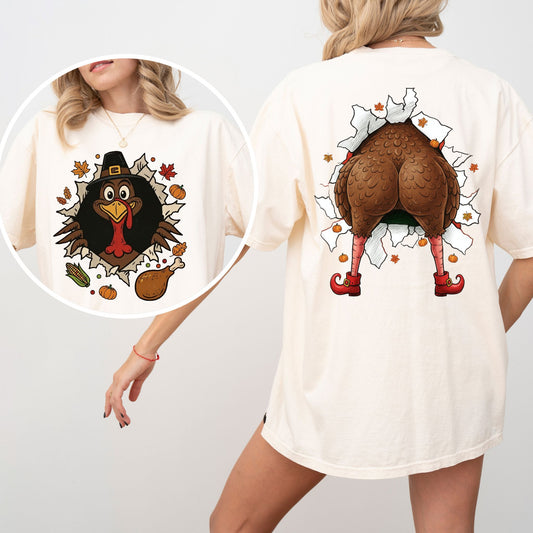 Funny Turkey Butt Shirt, Gobble Till You Wobble Thanksgiving Tee, Front and Back Turkey T-Shirt for Fall