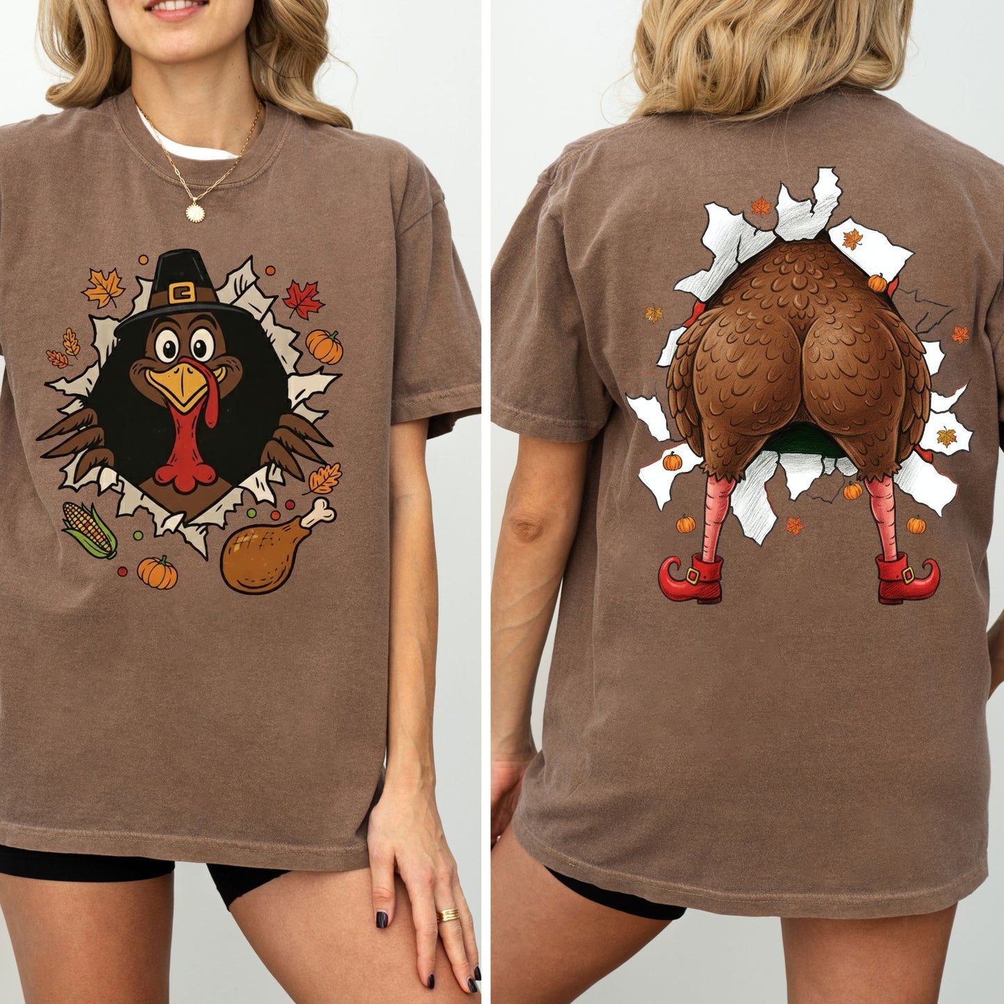 Funny Turkey Butt Shirt, Gobble Till You Wobble Thanksgiving Tee, Front and Back Turkey T-Shirt for Fall