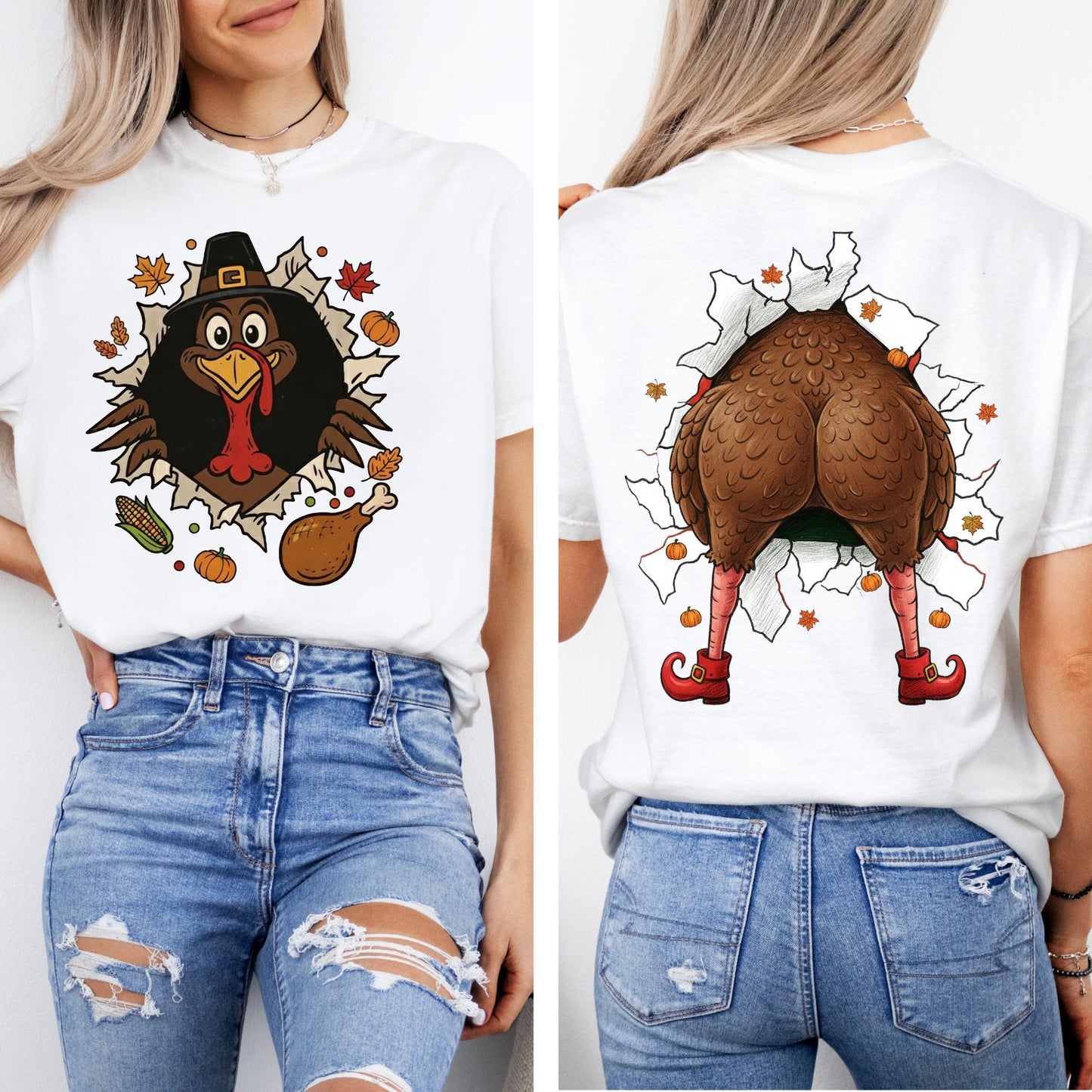 Funny Turkey Butt Shirt, Gobble Till You Wobble Thanksgiving Tee, Front and Back Turkey T-Shirt for Fall