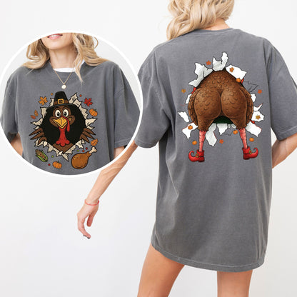 Funny Turkey Butt Shirt, Gobble Till You Wobble Thanksgiving Tee, Front and Back Turkey T-Shirt for Fall