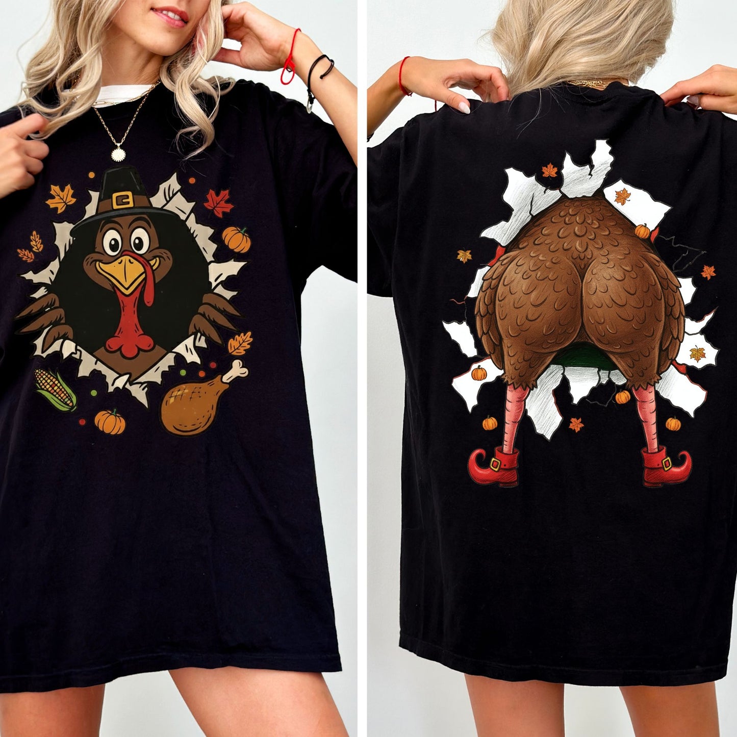 Funny Turkey Butt Shirt, Gobble Till You Wobble Thanksgiving Tee, Front and Back Turkey T-Shirt for Fall